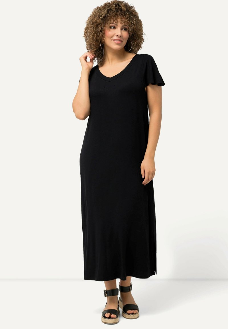 Ulla Popken CAP SLEEVE V-NECK MIDI  - Žerzejové šaty - black