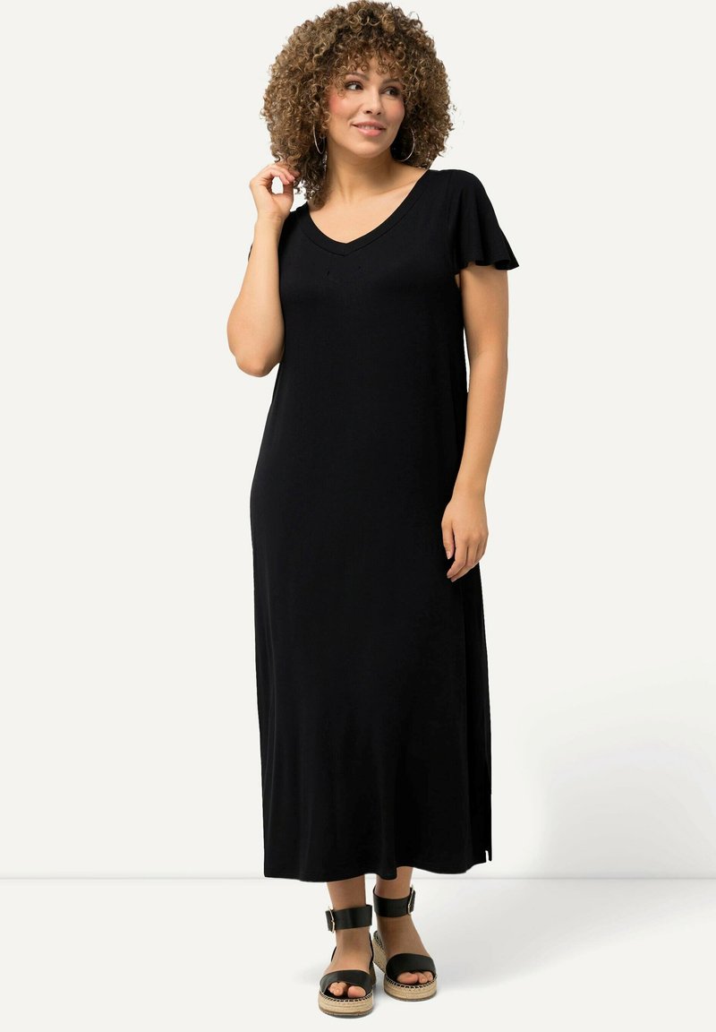 Ulla Popken - CAP SLEEVE V-NECK MIDI  - Trikoomekko - black, Suurenna