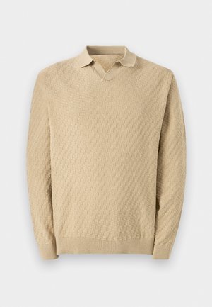 Beige knitted pullover with a textured pattern, V-neck collar, and ribbed cuffs and hem. Regular fit and medium weight fabric.