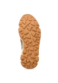 Rjav gumijast podplat s trikotnimi tkaninami, teksturirano površino in kremasto sredico. Na strani ima znamko, zasnovano za boljši oprijem.