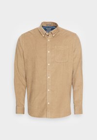 Lichtbruin corduroy overhemd met een button-down kraag, lange mouwen, een borstzak aan de voorkant en een geribbeld, textuurpatroon. Heeft witte knopen.