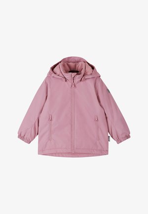 Różowa wodoszczelna kurtka z kapturem, elastycznymi mankietami i dwiema przednimi kieszeniami, z gładkim, matowym wykończeniem oraz pełnym zamkiem z przodu.
