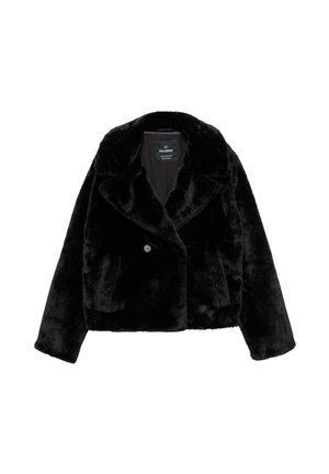 Schwarze Kunstfelljacke mit Reverskragen, vorderer Knopfschluss und verkürztem Design. Weiche Textur und normale lange Ärmel.