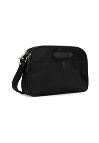 Borsa in tessuto nero con chiusura a zip, dalla forma rettangolare, logo in rilievo e manico texturizzato. Design minimalista senza motivi.