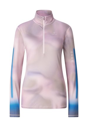 Long-sleeve women's athletic top with quarter zipper, pale pink and blue gradient design, and Fire + Ice logo on the chest and sleeve.