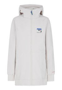 Lichtgrijze softshelljack met een ritssluiting aan de voorkant, een verstelbare capuchon, geribde manchetten en een klein kleurgeblokt logo aan de linkerkant.