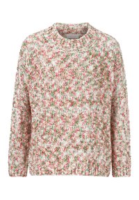 Strickpullover mit Rundhalsausschnitt, floralen Muster in Pink und Grün auf weißem Grund, langen Ärmeln und strukturiertem Stoff.