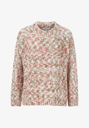 Gebreide trui met een ronde halslijn, bloemenpatroon in roze en groen op een witte achtergrond, met lange mouwen en een gestructureerde stof.