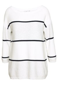 Weißer Pullover mit schwarzen horizontalen Streifen, weitem Ausschnitt, langen Ärmeln und einer lässigen Passform. Strukturierter Strickstoff.