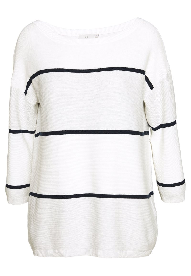 Weißer Pullover mit schwarzen horizontalen Streifen, weitem Ausschnitt, langen Ärmeln und einer lässigen Passform. Strukturierter Strickstoff.