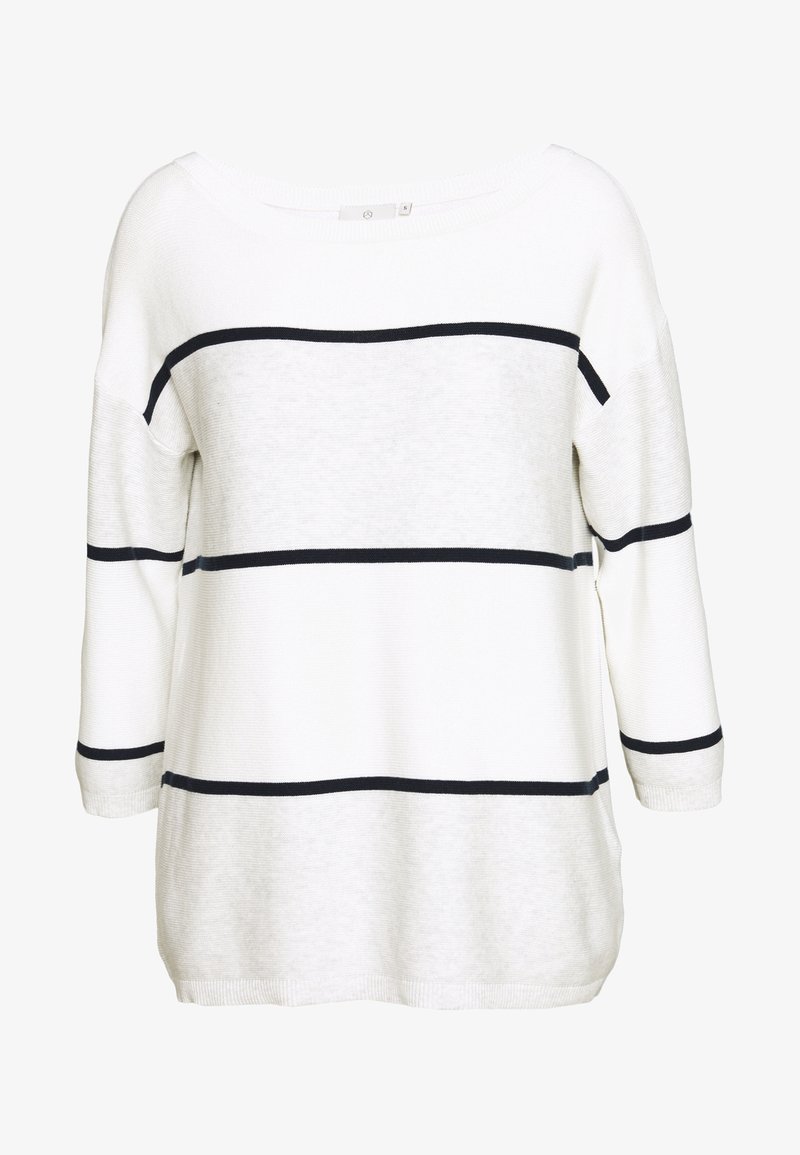 Weißer Pullover mit schwarzen horizontalen Streifen, weitem Ausschnitt, langen Ärmeln und einer lässigen Passform. Strukturierter Strickstoff.