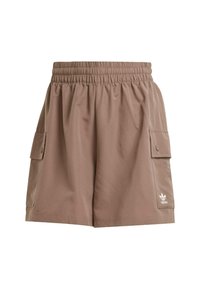 Brown elastic waist shorts with side cargo pockets and Adidas logo on the lower right pocket, lightweight fabric, casual style.