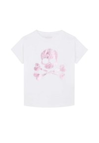 Camiseta de algodón blanca con un gráfico de calavera y huesos cruzados en rosa, con una textura suave y mangas cortas, cuello redondo.
