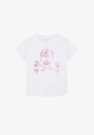 T-shirt en coton blanc présentant un graphisme de tête de mort et os croisés rose, avec une texture lisse et des manches courtes, col rond.