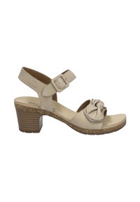 Sandal beige in pelle con una fascia con fibbia, un accento annodato sulla punta, un tacco rivestito in sughero e una suola in gomma testurizzata.