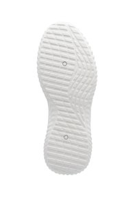 Suola di sneaker bianca con un motivo testurizzato caratterizzato da scanalature e linee sollevate, con due indentazioni circolari vicino al centro.