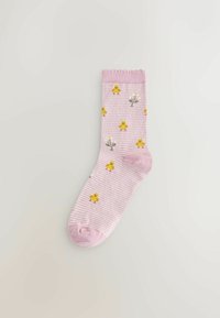Roze gestreepte sok met gele kuiken- en bloemmotieven, voorzien van een geribde boord en verstevigde teen voor extra duurzaamheid.