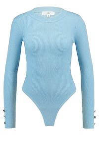 Bodysuit de manga larga acanalado en azul claro. Presenta un escote redondeado y acentos de botones a presión en los puños de las mangas. Tejido suave y elástico.