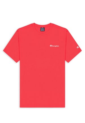Rode korte mouwen Champion T-shirt met wit logo op borst en mouw, ronde hals en middelgrote label binnen in de kraag.
