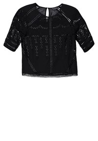 Svart kortärmad topp med intrikata utskurna mönster och en öppning bak i nyckelhålsmodell. Slät tyg med strukturerad, kort skärning.