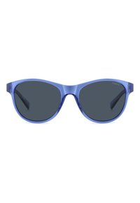 Occhiali da sole blu traslucidi con lenti scure polarizzate. Forma a occhio di gatto distintiva, texture liscia e aste larghe per una vestibilità sicura.