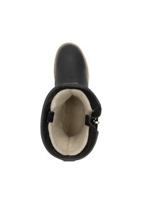 Zwarte enkellaarzen van glad buitenmateriaal met een luxueuze tan voering. Voorzien van een ronde neus en een zijrits met een klein metalen accent.