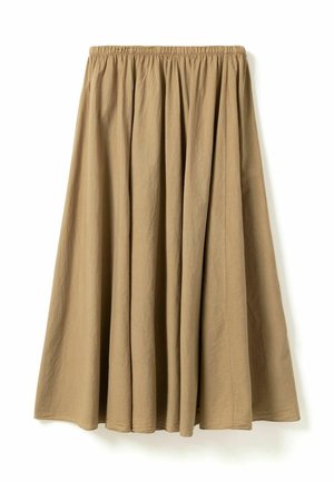 Beige, lange, losse rok met een elastische tailleband en zachte, soepel vallende stof, getoond tegen een witte achtergrond.