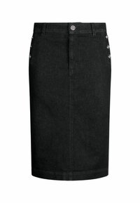 Jupe en denim noire longueur genou avec fermeture à boutons à l'avant et boutons argentés décoratifs sur les coutures latérales, avec passants pour ceinture et ourlet droit.
