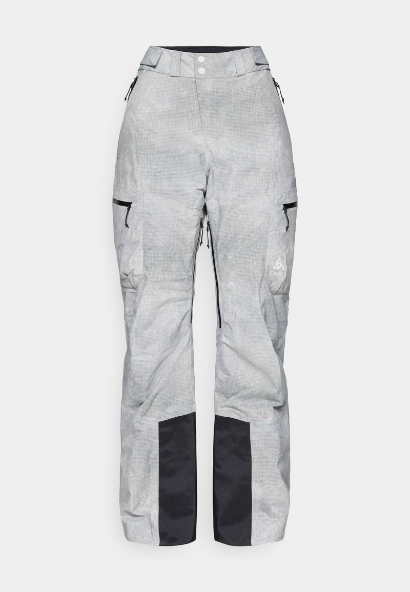 Pilki sniego kelnės su patikrinta raštu, turinčios juodus akcentus, reguliuojamą liemenį, užtrauktuku užsegamas kišenes ir sutvirtintas juodas apačias.