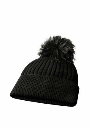Berretto in maglia nera con texture a coste e un morbido pompon nero sulla cima. Il tessuto appare soffice e caldo, progettato per il freddo.