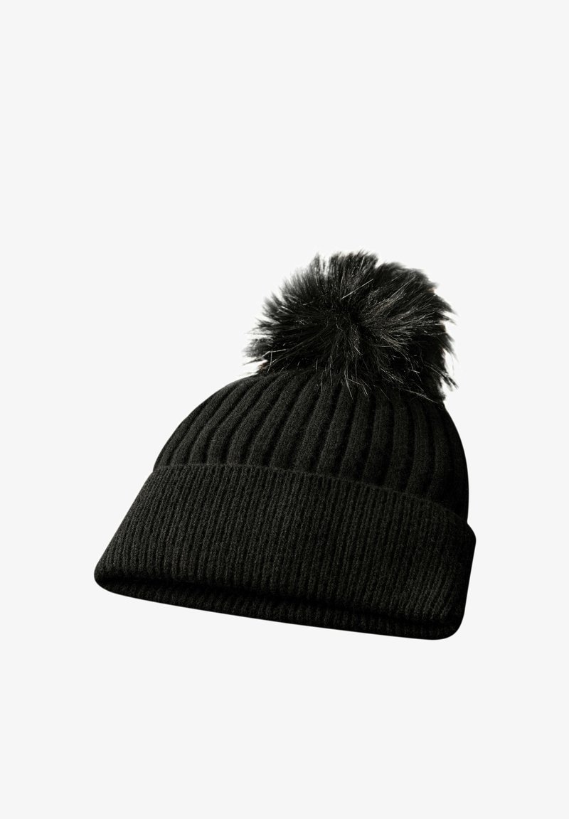 Berretto in maglia nera con texture a coste e un morbido pompon nero sulla cima. Il tessuto appare soffice e caldo, progettato per il freddo.