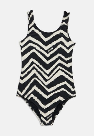 Maillot de bain une pièce à motif zigzag noir et blanc avec encolure dégagée et bretelles sans manches.
