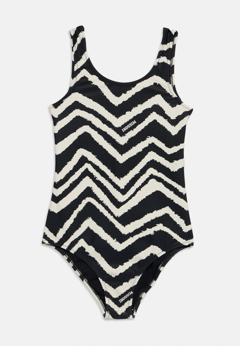 Maillot de bain une pièce à motif zigzag noir et blanc avec encolure dégagée et bretelles sans manches.