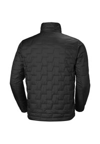 Chaqueta acolchada negra con un patrón de acolchado hexagonal, cuello alto y mangas largas, fabricada en un tejido ligero y suave.