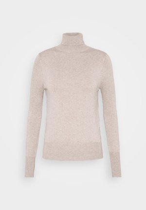 Beige coltrui gemaakt van zachte stof, met lange mouwen en een aansluitend ontwerp, voorzien van een geribbelde halslijn en zoom.