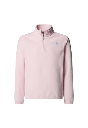 Light pink fleece pullover with a half-zip collar, featuring long sleeves and a small logo on the left chest. Soft texture, casual design.