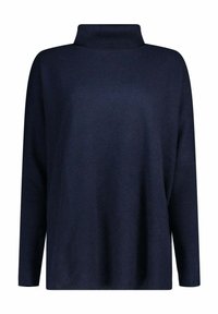 Pull-over bleu marine avec un col haut, coupe ample, manches longues et texture lisse. Conçu avec un détail côtelé aux extrémités.