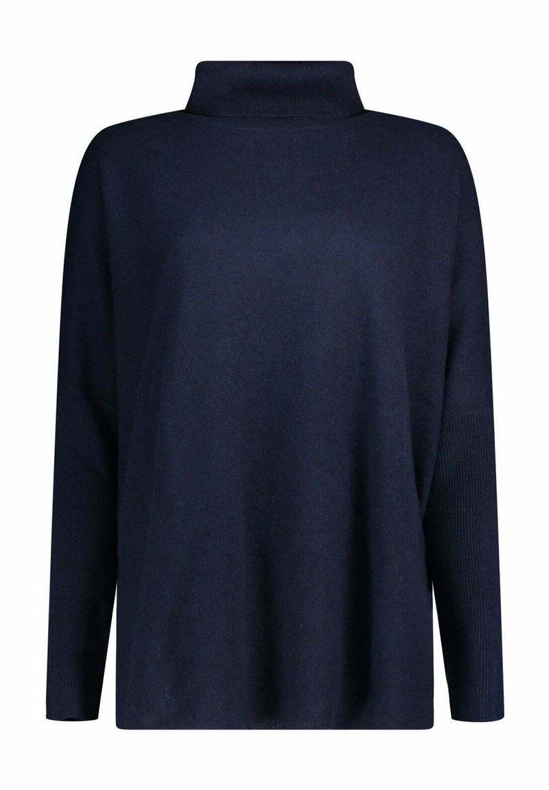 Pull-over bleu marine avec un col haut, coupe ample, manches longues et texture lisse. Conçu avec un détail côtelé aux extrémités.