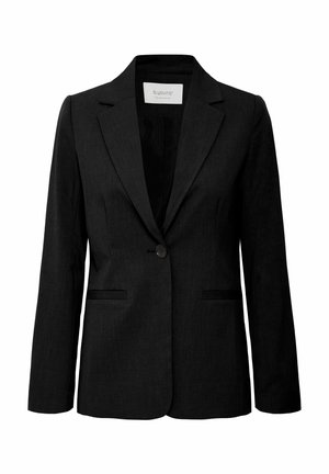 Černý blazer s jedním knoflíkovým zapínáním, klopovými límci, dvěma předními kapsami a hladkou texturou látky.