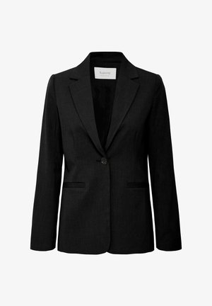 Crni sako s jednim dugmetom, ušicama, dva prednja džepa i glatkom teksturom tkanine.