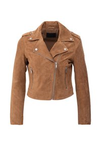 Chaqueta de biker recortada de ante marrón con cremalleras plateadas, botones de presión en las solapas y hombreras, y mangas largas.