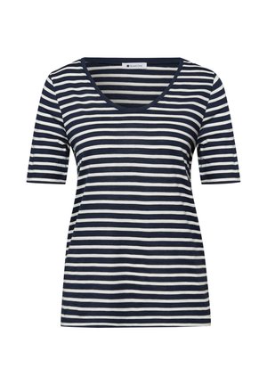Navyblauw en wit gestreept T-shirt met korte mouwen, een ronde hals en een reguliere pasvorm.