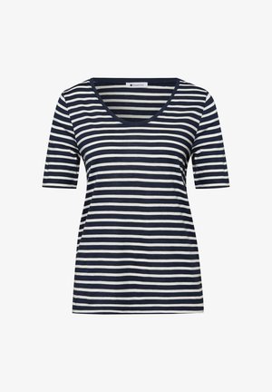 Navyblauw en wit gestreept T-shirt met korte mouwen, een ronde hals en een reguliere pasvorm.
