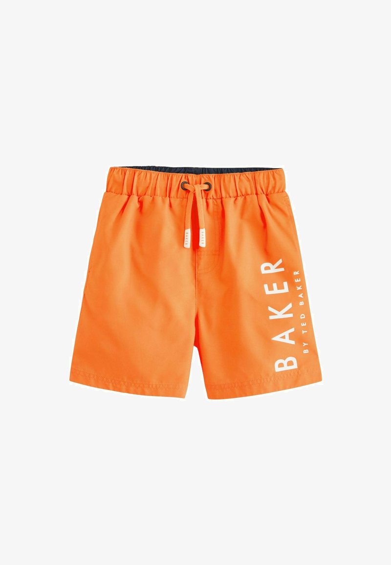 Oranžové plavkové šortky s elastickým pasem, stahovací šňůrkou a bílým brandingem "BAKER" na levé straně. Hladká textura.