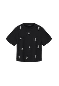 Sort kortærmet cropped t-shirt med hvid slange broderi spredt over foran og rund halsudskæring.