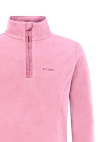 Helles rosa Fleece-Pullover mit einem halben Reißverschluss-Kragen, der eine weiche Textur und ein gesticktes Logo in passender Farbe auf der Brust aufweist.