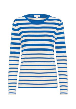 Modra in bela črtasta dolga majica z dolgimi rokavi in okroglim izrezom. Tkanina izgleda mehka z enakomernimi horizontalnimi črtami in preprostim dizajnom.