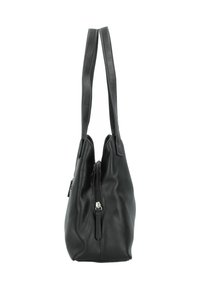 Borsa in pelle nera a forma di mezzaluna, dotata di due manici robusti e chiusura con zip sulla parte superiore, texture liscia e design minimalista.