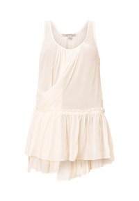 Lichte crème sleeveless top met een geplooid ontwerp, gerimpelde zoom en textiele stof. Voorzien van een ronde halslijn en een vloeiende silhouet.
