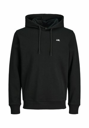 Schwarzer Pullover mit Kapuze, Kordelzug und kleinem weißem "JJR."-Logo auf der linken Brust, gerippte Bündchen und Saum.